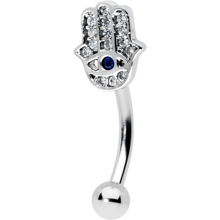 16G 5/16 Clear Blue Gem Eye Hamsa Hand Curved Eyebrow Ring