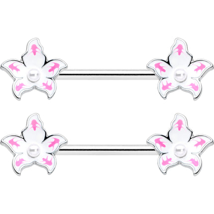 14G 9/16 Pearlescent Orb Pink White Flower Barbell Nipple Ring Set