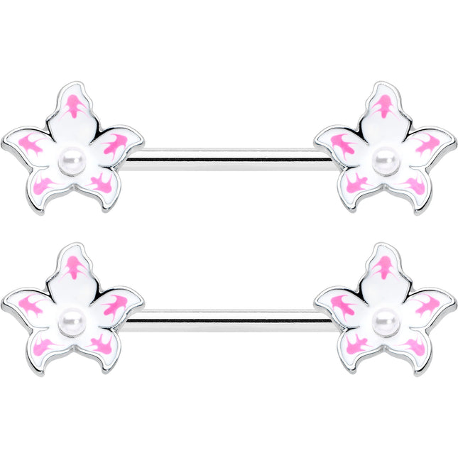 14G 9/16 Pearlescent Orb Pink White Flower Barbell Nipple Ring Set