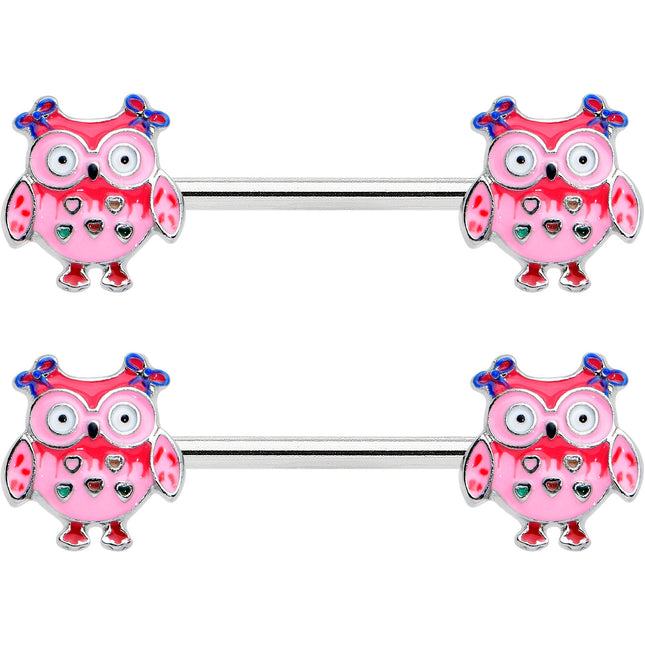 14G 9/16 Bow Pink Heart Owls Barbell Nipple Ring Set