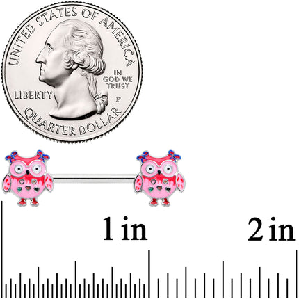 14G 9/16 Bow Pink Heart Owls Barbell Nipple Ring Set