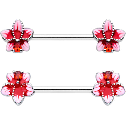 14G 9/16 Red Gem Tropical Flower Barbell Nipple Ring Set