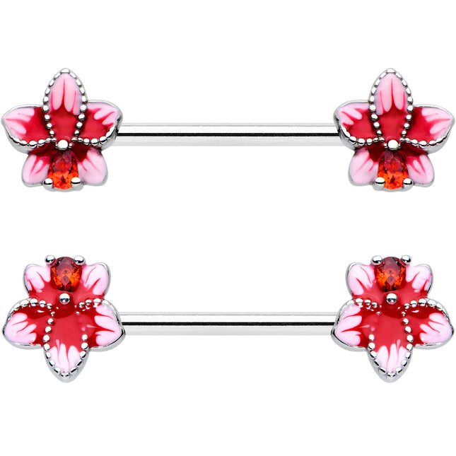 14G 9/16 Red Gem Tropical Flower Barbell Nipple Ring Set