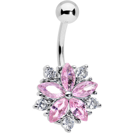 Pink Clear CZ Gem Baroque Floral Burst Belly Ring