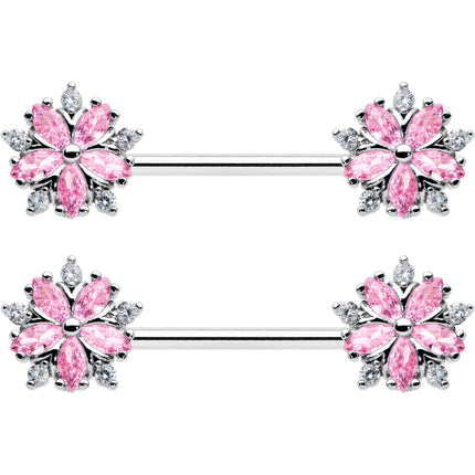 14G 9/16 Pink CZ Gem Floral Burst Barbell Nipple Ring Set
