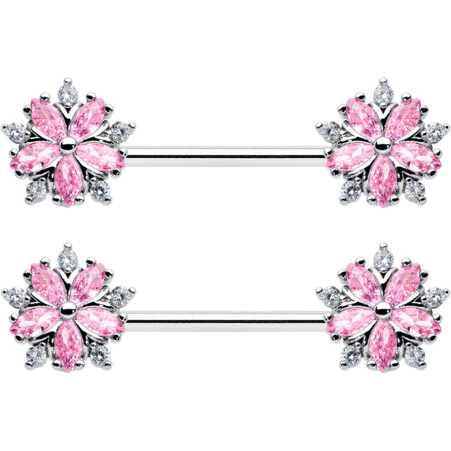 14G 9/16 Pink CZ Gem Floral Burst Barbell Nipple Ring Set