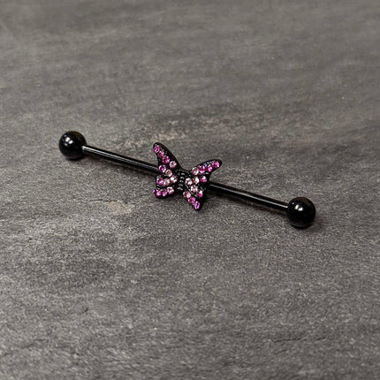 14G Pink Gem Black Midnight Butterfly Industrial Barbell 38mm
