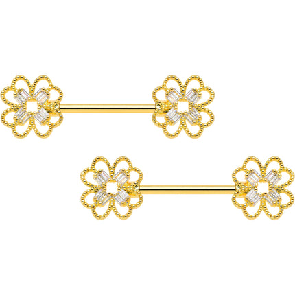 14G 5/8 Clear Gem Gold Tone Texture Cross Barbell Nipple Ring Set