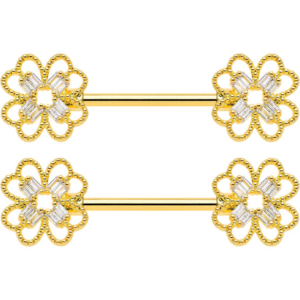 14G 5/8 Clear Gem Gold Tone Texture Cross Barbell Nipple Ring Set
