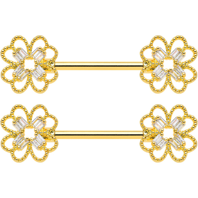 14G 5/8 Clear Gem Gold Tone Texture Cross Barbell Nipple Ring Set