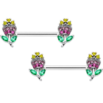 14G 9/16 Green Pink Gem Mardi Gras Flower Barbell Nipple Ring Set