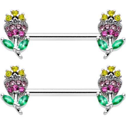14G 9/16 Green Pink Gem Mardi Gras Flower Barbell Nipple Ring Set