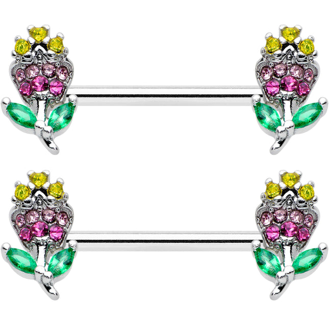 14G 9/16 Green Pink Gem Mardi Gras Flower Barbell Nipple Ring Set