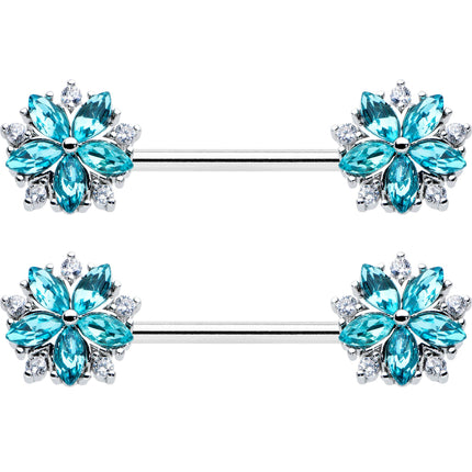 14G 9/16 Blue CZ Gem Floral Burst Barbell Nipple Ring Set