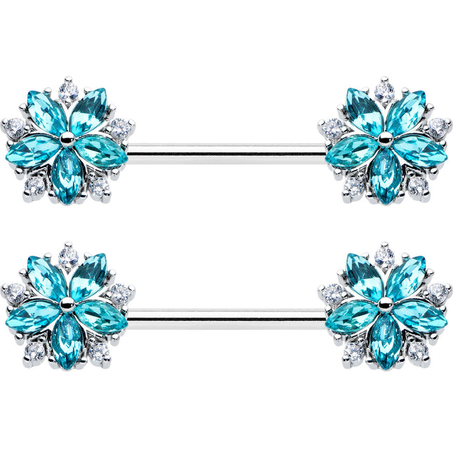 14G 9/16 Blue CZ Gem Floral Burst Barbell Nipple Ring Set