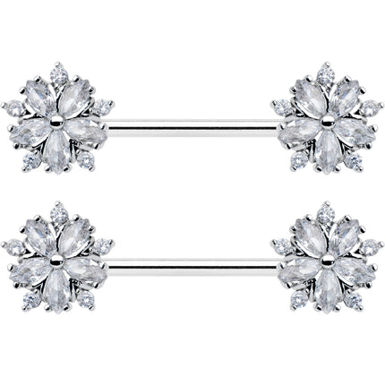 14G 9/16 Clear CZ Gem Floral Burst Barbell Nipple Ring Set
