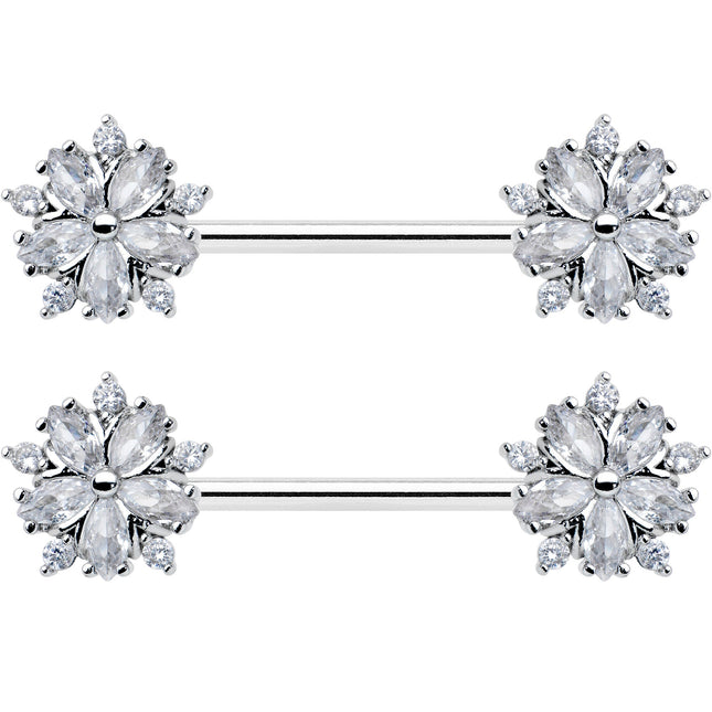 14G 9/16 Clear CZ Gem Floral Burst Barbell Nipple Ring Set