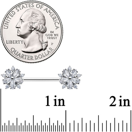 14G 9/16 Clear CZ Gem Floral Burst Barbell Nipple Ring Set