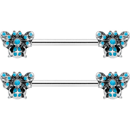 14G 9/16 Textured Blue Butterfly Barbell Nipple Ring Set