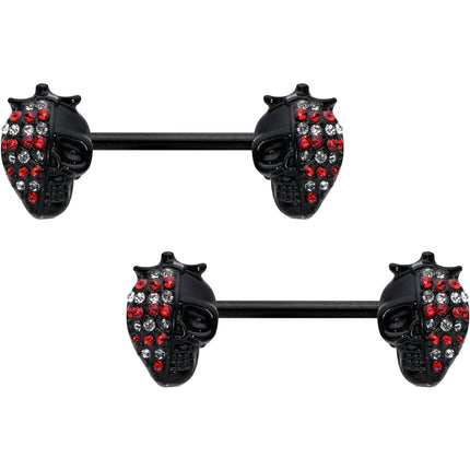 14G 9/16 Red Gem Black Skull Halloween Barbell Nipple Ring Set