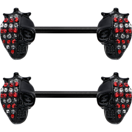14G 9/16 Red Gem Black Skull Halloween Barbell Nipple Ring Set