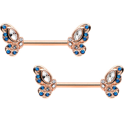14G 9/16 Clear Blue Gem Rosy Tone Butterfly Wing Nipple Ring Set