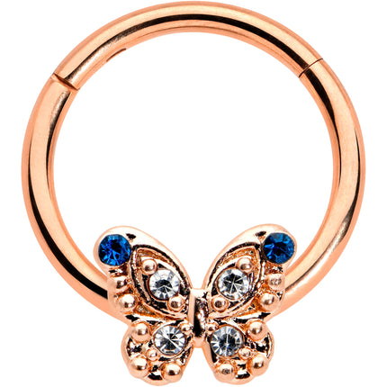 16G 3/8 Blue Gem Rose Gold Tone Butterfly Hinged Segment Ring
