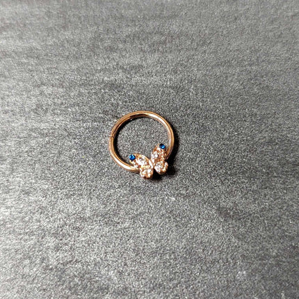 16G 3/8 Blue Gem Rose Gold Tone Butterfly Hinged Segment Ring
