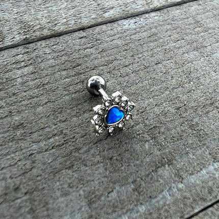 16G 1/4 Blue Faux Opal Sun Heart Cartilage Tragus Earring
