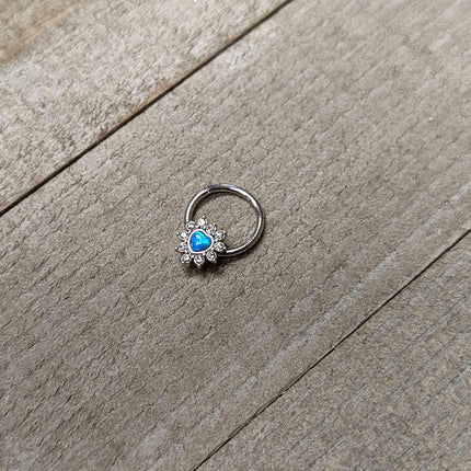 16G 3/8 Blue Faux Opal Heart Sun Hinged Segment Ring