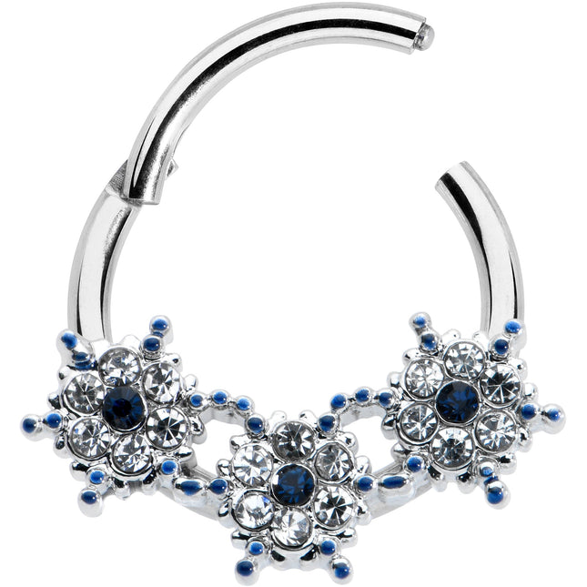 16G 3/8 Clear Blue Gem Festive Trio Snowflake Hinged Segment Ring