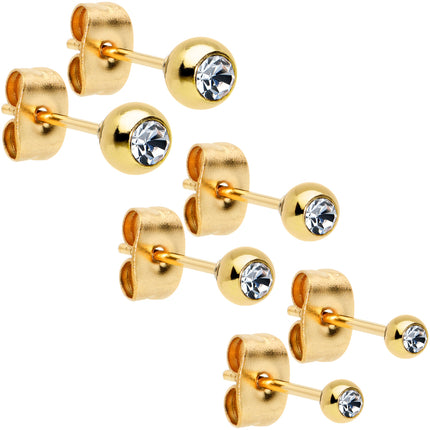 3mm 4mm 5mm Clear Gem Gold Tone Ball 316L Steel Stud Earrings 3 Pack