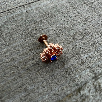 16G 1/4 Blue Clear Gem Rose Gold Tone Glamour Flare Labret