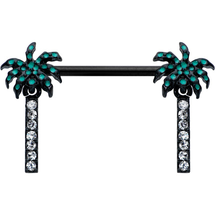 14G 9/16 Clear Gem Black Night Palm Tree Dangle Nipple Ring Set