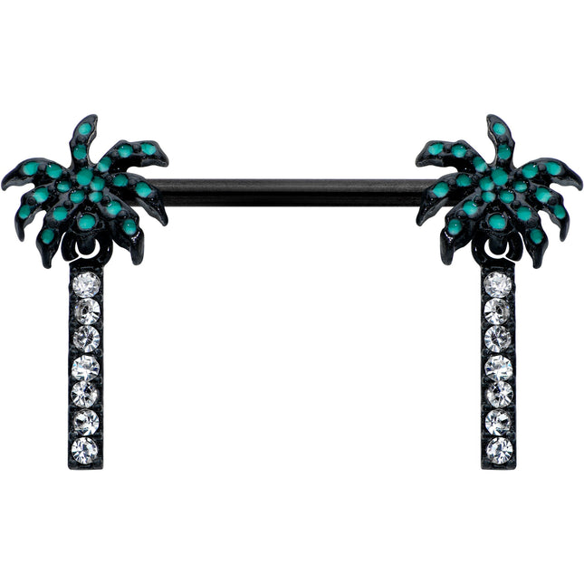 14G 9/16 Clear Gem Black Night Palm Tree Dangle Nipple Ring Set