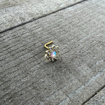 20G 7mm White Faux Opal Gold Tone Heart Sun L Shape Nose Ring
