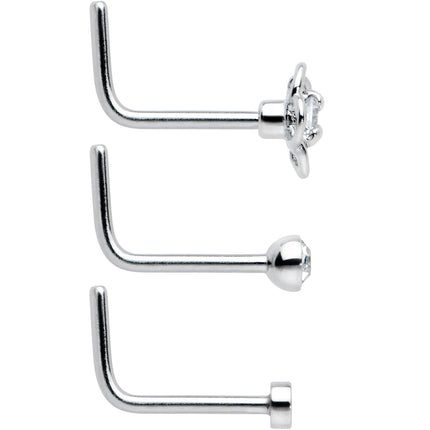 20G 1/4 Aurora Clear CZ Gem Flower L Shape Nose Ring Set of 6
