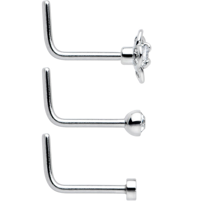 20G 1/4 Aurora Clear CZ Gem Flower L Shape Nose Ring Set of 6