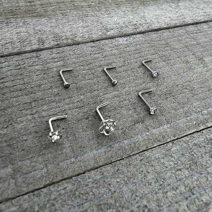 20G 1/4 Aurora Clear CZ Gem Flower L Shape Nose Ring Set of 6
