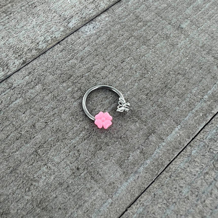 16G 3/8 Butterfly Pink Flower Horseshoe Circular Barbell