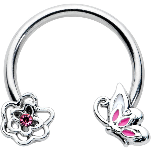 16G 3/8 Pink Butterfly Pink Gem Flower Horseshoe Circular Barbell