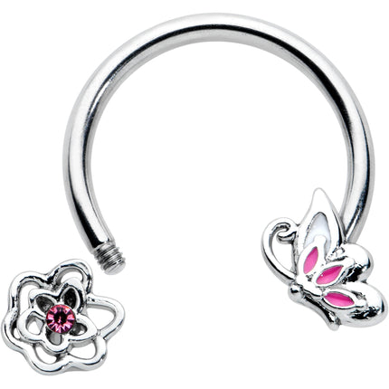 16G 3/8 Pink Butterfly Pink Gem Flower Horseshoe Circular Barbell