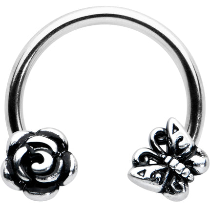 16G 3/8 Antiqued Butterfly Flower Horseshoe Circular Barbell