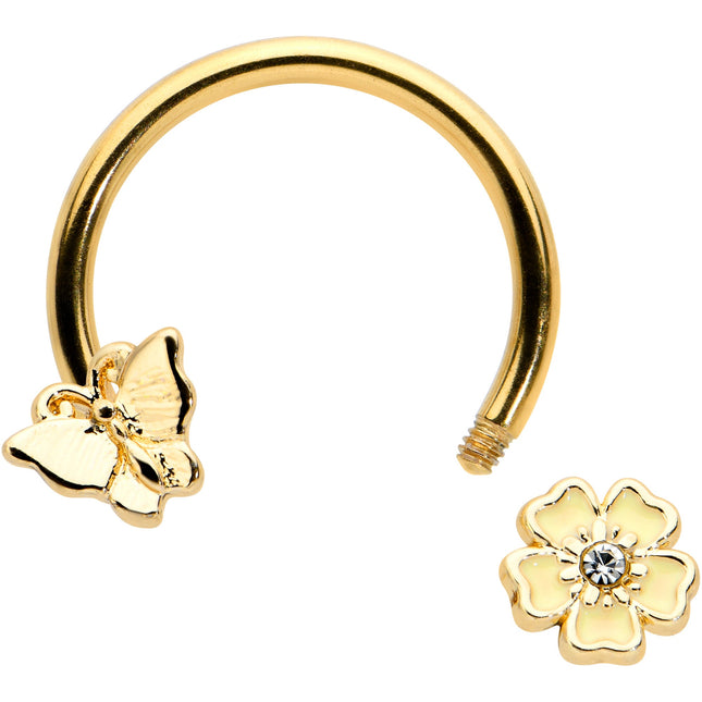16G 3/8 Clear Gem Gold Tone Butterfly Angular Flower Horseshoe