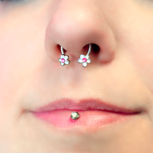 16G 3/8 Pink Gem Daisy Flowers Horseshoe Circular Barbell