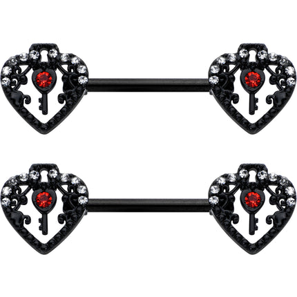 14G 9/16 Red Clear Gem Black Key Heart Barbell Nipple Ring Set