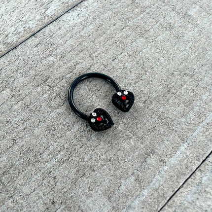 16G 3/8 Clear Red Gem Black Key Heart Horseshoe Circular Barbell