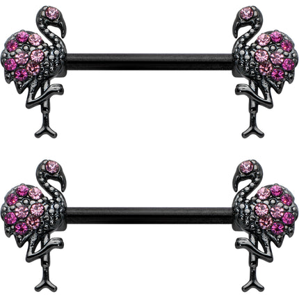 14G 9/16 Pink Gem Black Fashion Flamingo Barbell Nipple Ring Set