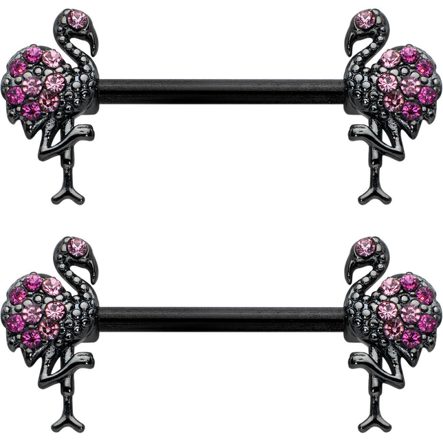 14G 9/16 Pink Gem Black Fashion Flamingo Barbell Nipple Ring Set