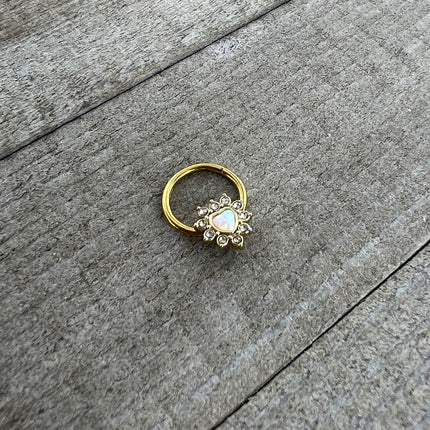 16G 3/8 White Faux Opal Gold Tone Sun Heart Hinged Segment Ring